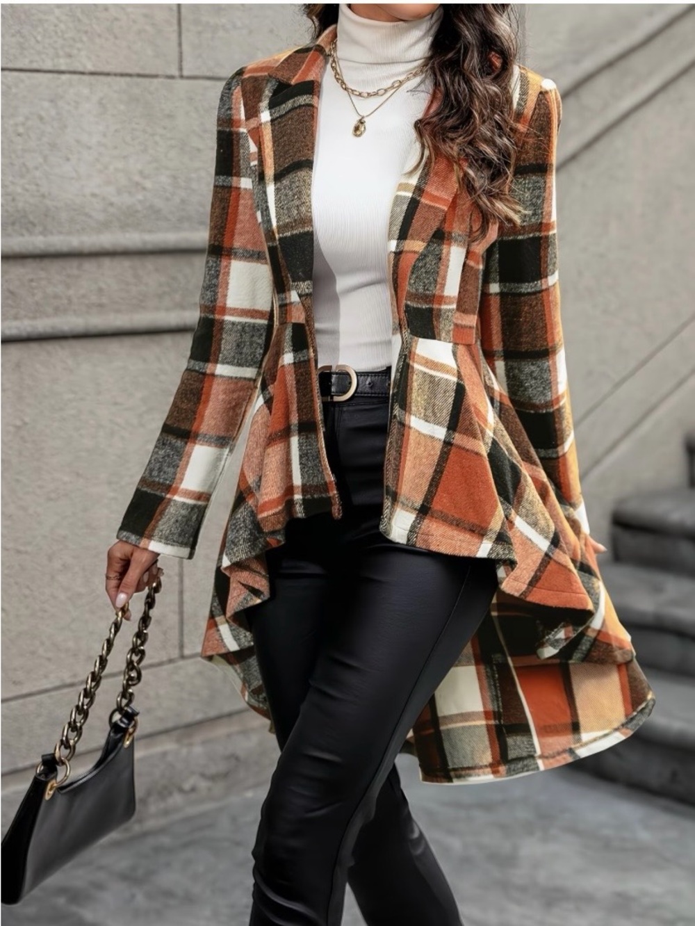 🌸S164 - Plaid Open-Front High-Low Cardigan Sweater - Rust/Olive🛍️
